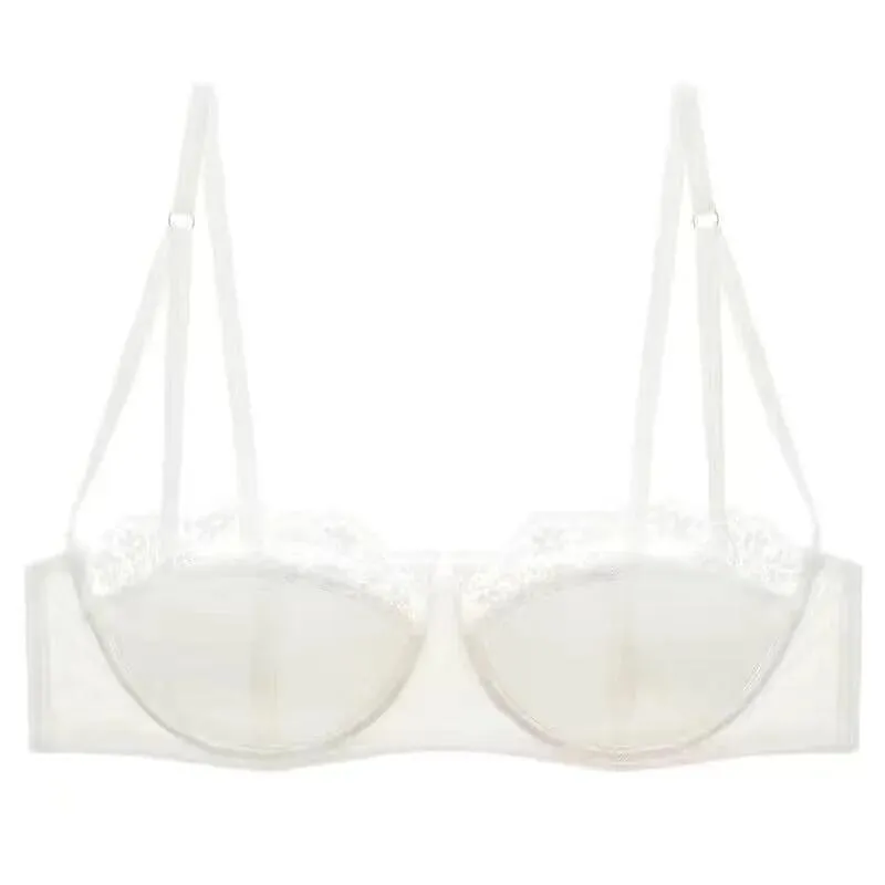 Europäisch-amerikanisches sexy Satin-Halbschalen-Unterwäscheset mit bequemer oberer Stützung, dünn, mit glänzendem Stahlring und grünem Spitzenrand — image 5