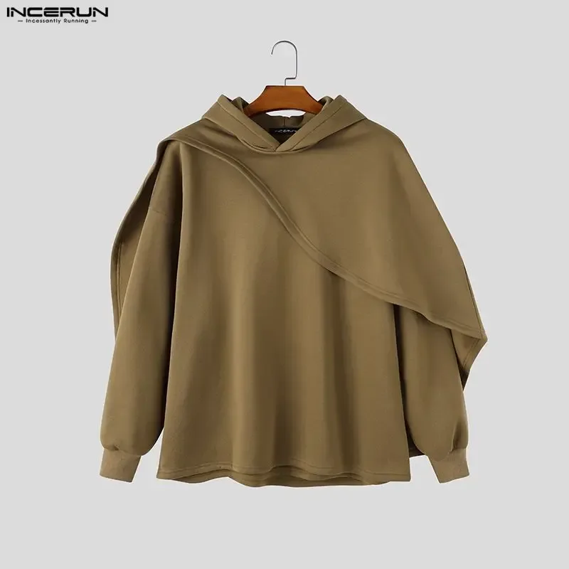 Men's Hoodies Ponchos Solid Color Hooded Long Sleeve Irregular Sweatshirts For Man Loose Stylish Casual Cape INCERUN Streetwear — image 8