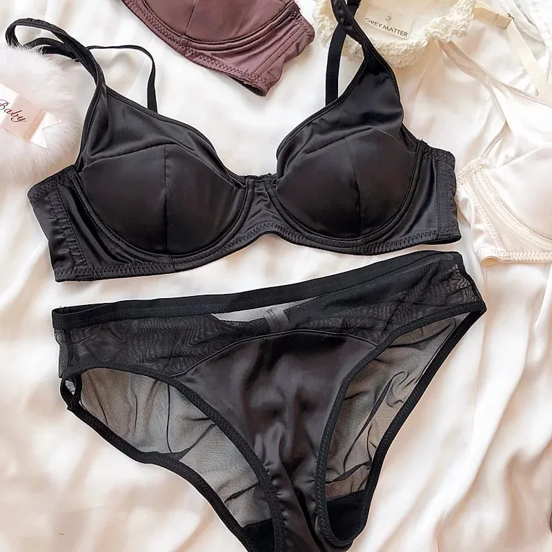 Ensemble de soutien-gorge Push Up en soie glacée pour femmes, sous-vêtement confortable, Sexy, petite poitrine, rembourrage détachable, bonnet fin, brassière, culotte intime — image 8