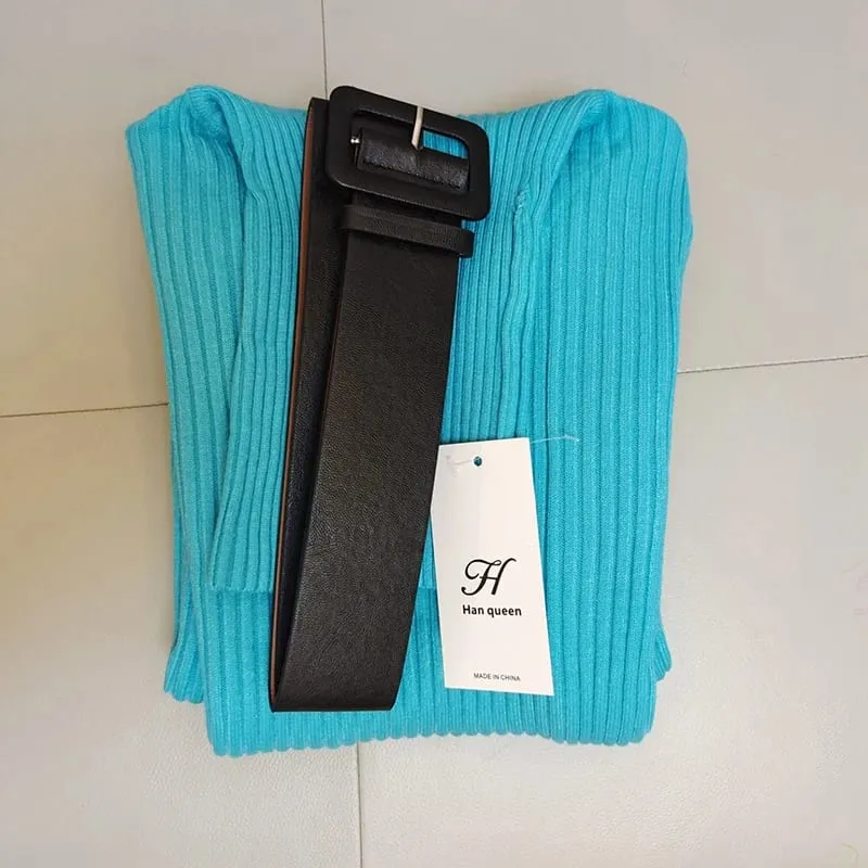 H Han Queen Knitted Bodycon Dress Bottoming Women Soft Elastic Turtleneck Sweater Autumn Winter Midi Party Dresses With Belt — image 7