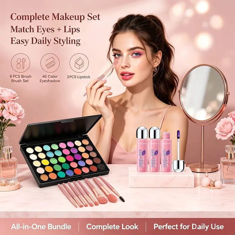 5pcs Makeup Kit 40 Colors Eyeshadow Palette + 3pcs Peel‑Off Lip Gloss with 8pcs Brushes Matte Shimmer Eyeshadow Full Makeup Gift — image 4
