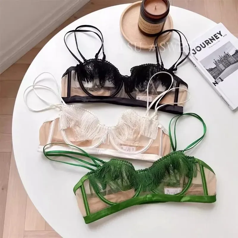 Premium Sheer Mesh Bra Set Fringed Lace Half-Cup Minimizer Ultra-Thin Luxury Lingerie Full Bust Coverage Slim Silhouette — image 1