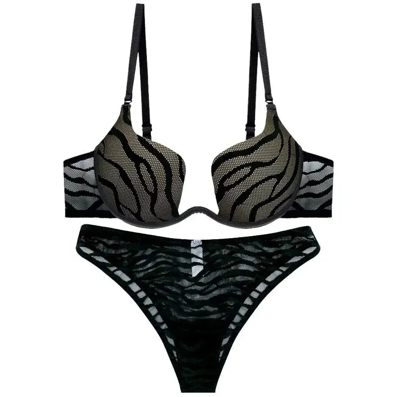 Women Sexy Push Up Bra Set Elegant Zebra Stripes Thin Lingerie Underwear See Through Bra and Panty Set