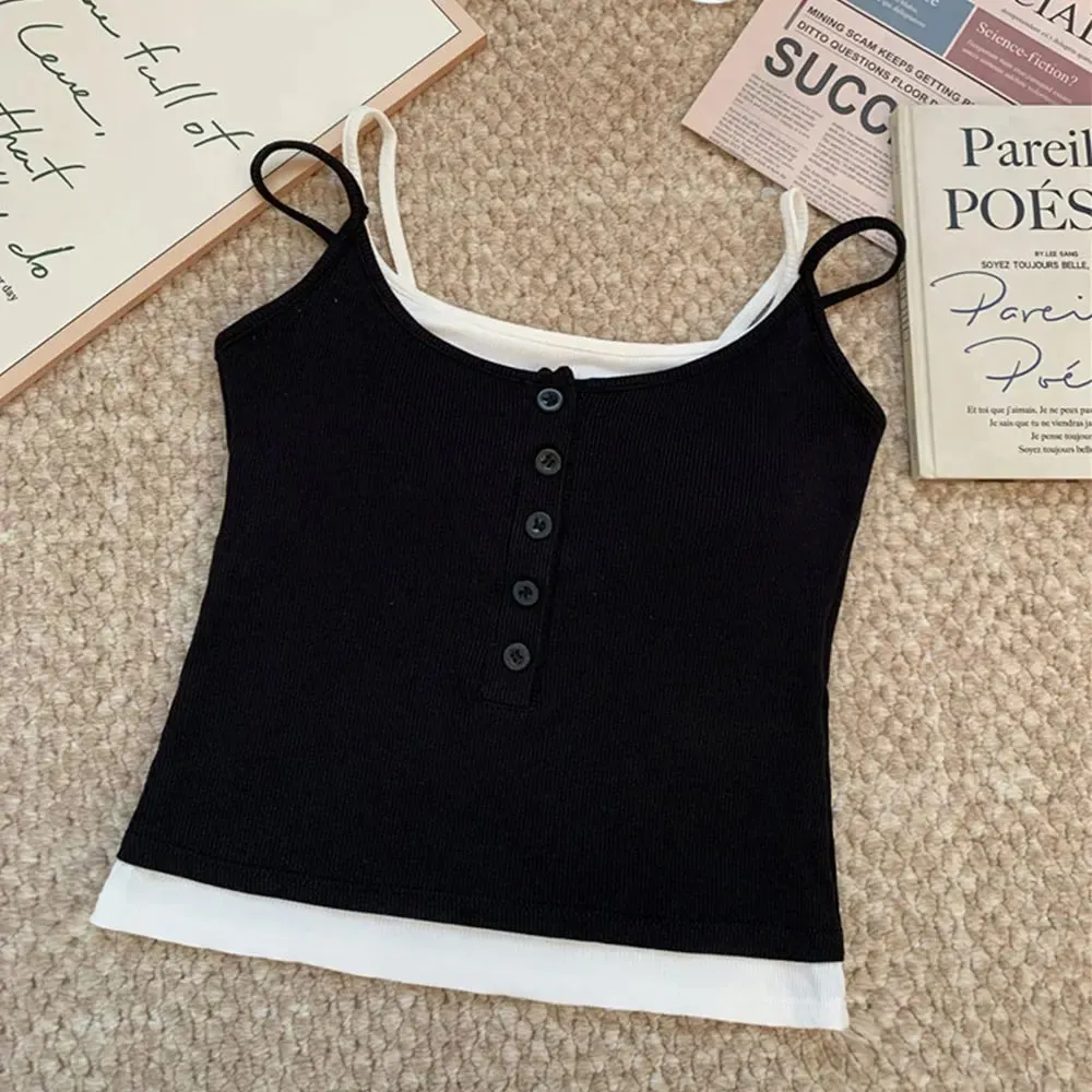 Casual Layered Fake Two-Piece Tank Top Y2K Ribbed Knit Button Cami Slim Fit Sleeveless Vest Top With Chest Pad For Daily Wear — image 9