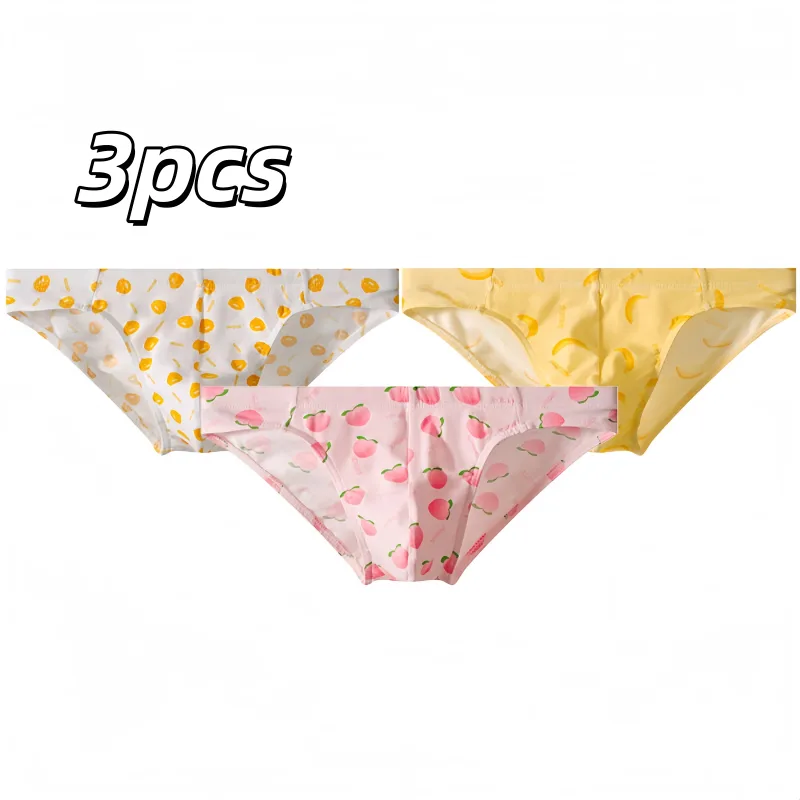 Dreierpack süße und personalisierte Herren-Slips aus bequemer, hautfreundlicher Baumwolle mit Fruchtdruck, atmungsaktive, niedrig sitzende Freizeitunterwäsche für junge Männer