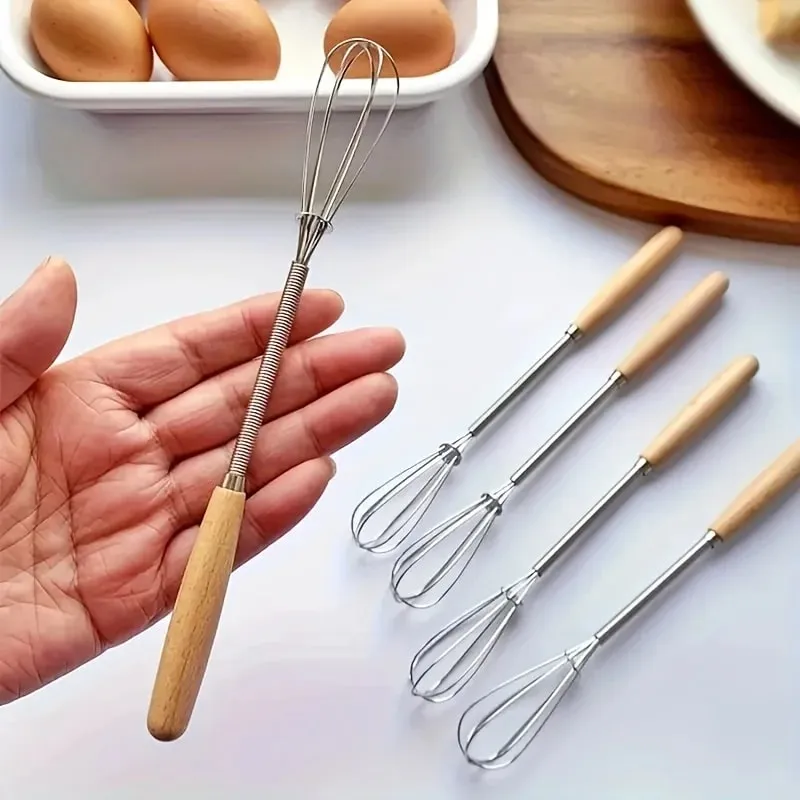 Whisk with Solid Wood Handle Kitchen Mini Stainless Steel Egg Beater Milk Whipper Whisk Wire for Blending Beating — image 1