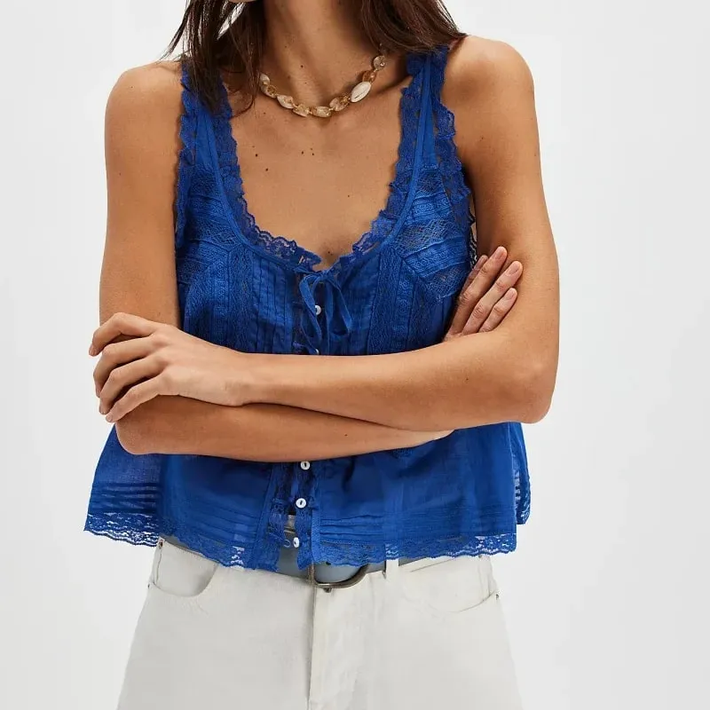 Y2K Button-up Lace Trim Patchwork Cami Tops Loose Fit Round Neck Vest Sleeveless Outwear Gilet Crop Tank Tops for Women — image 6