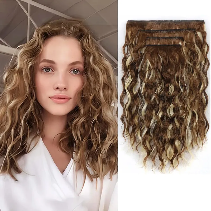 4PCS Synthetic Hair Extensions 14inch Short Curly Wavy Brown Blonde Invisible Lace Weft Natural Soft Hairpieces for Women — image 9