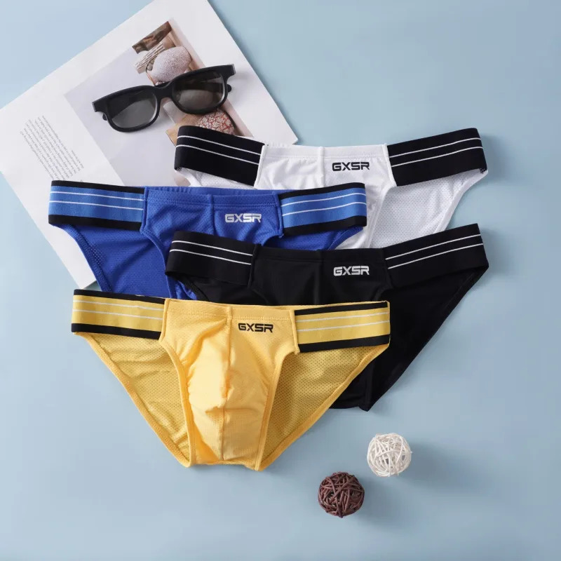Solid color splicing side waist high fork men's briefs threaded ice silk fashionable low waist men's underwear — image 9