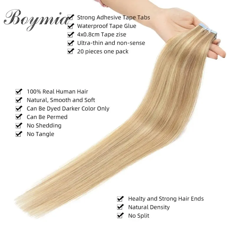 Boymia Tape In Human Hair Extensions 12"-24" Natural Black Machine Remy Tape In Hair Extension Invisible Tape Hair 20pcs — image 5