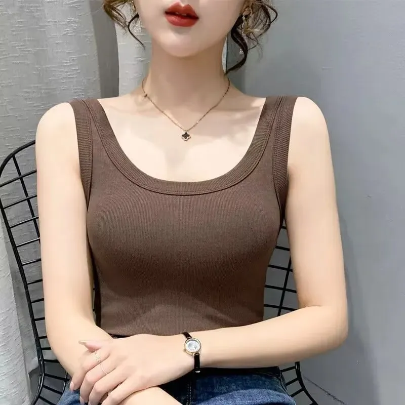 2023 Summer Women Basic Ribbed Knitted Tank Top Solid Color Sleeveless T-shirts Casual Camis Green Blue Elastic Female Tops — image 22