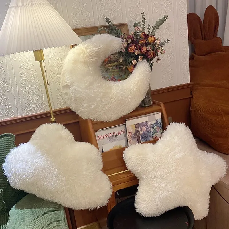 Furry Pillow White Moon Star Cloud Plush Toy Stuffed Adorable Cartoon Weather Huggable Pillow Bedroom Decoration Sofa Cushion — image 2