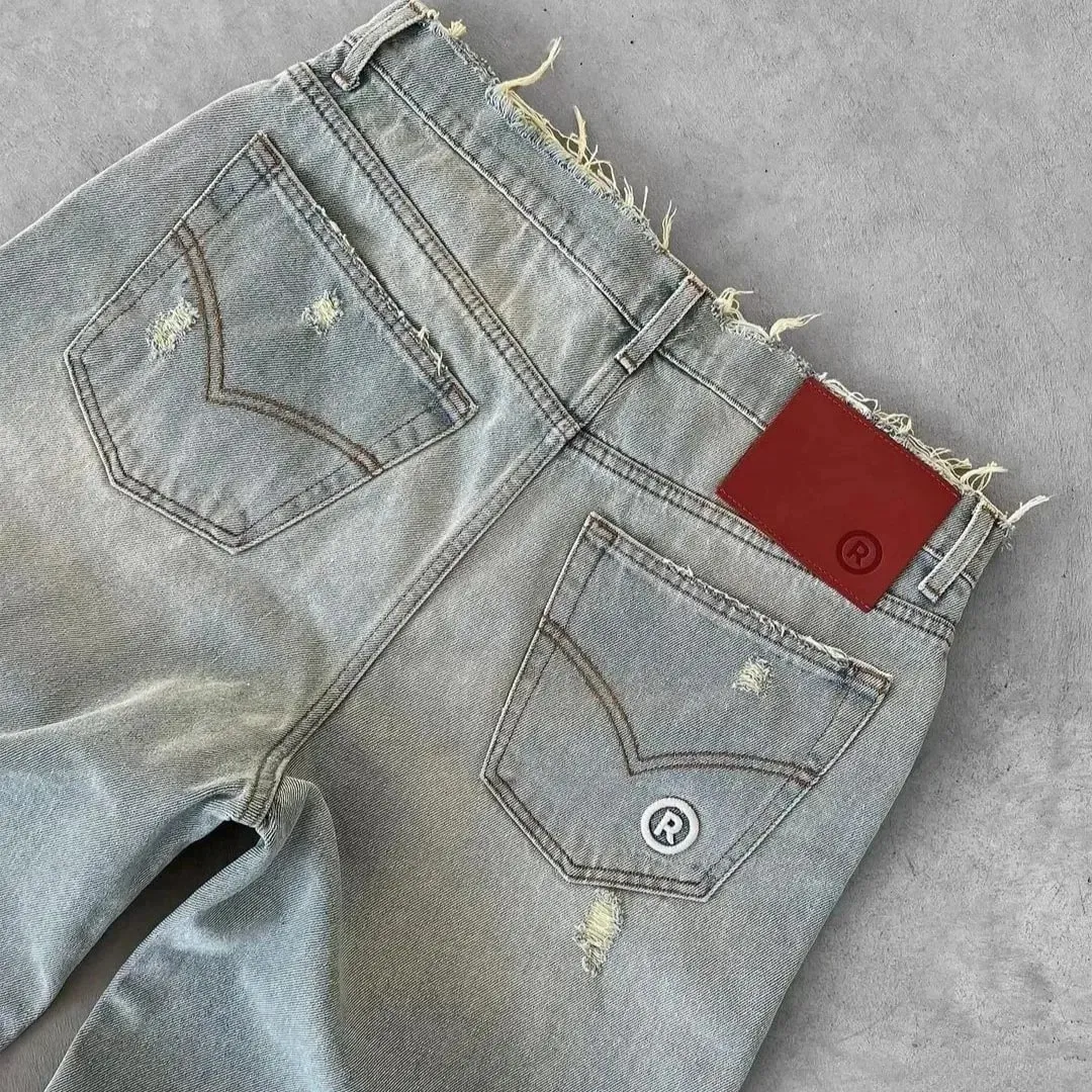 Straight Jeans Distressed Men Jean Ripped Holes Washed Denim Pants Ankle Length Loose Solid Zipper Fly Pockets Casual 2025 — image 4