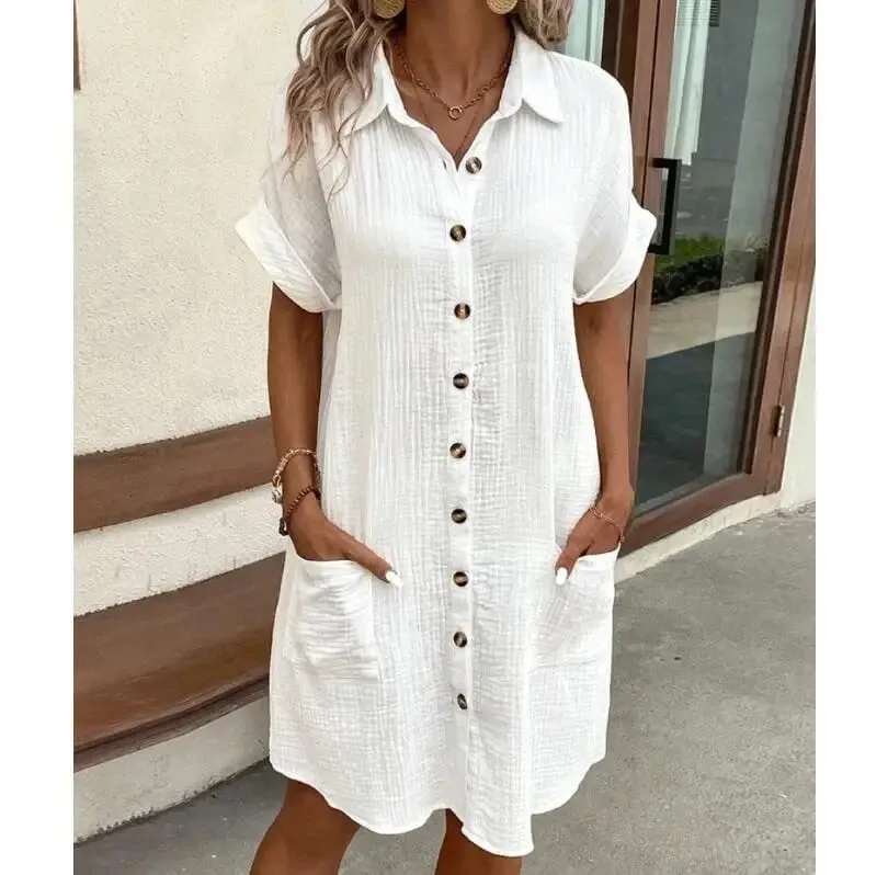 Summer Solid Simple Short Sleeve Shirt Dress Women's Turn-down Collar Single Breasted Casual Elegant Ladies Loose Dresses — image 1