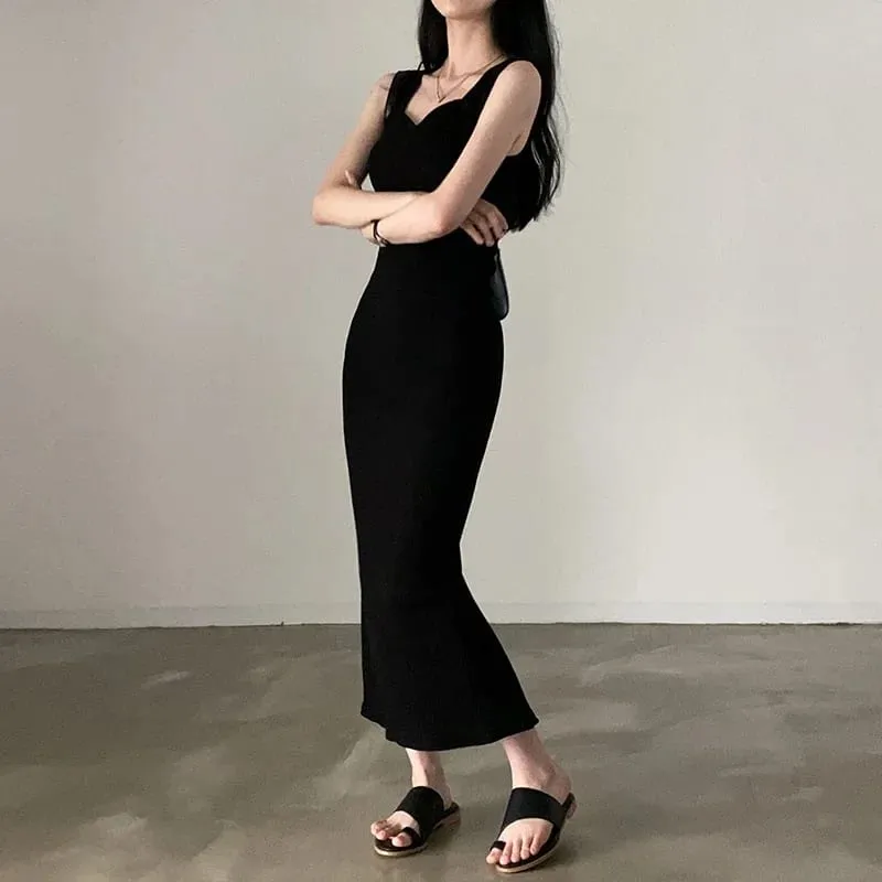 Myufon Basic Knit Long Dress Korean Fashion Square Collar Sleeveless Women's Dresses Summer Casual Y2k Vintage All-match Outftis — image 4