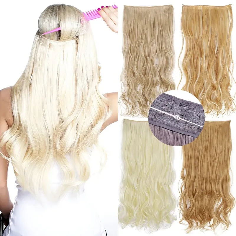 Synthetic No Clip Adjustable Fish Line Hair Extensions Natural Blonde Brown Long Wavy Heat Resiatant Hairpiece For Women