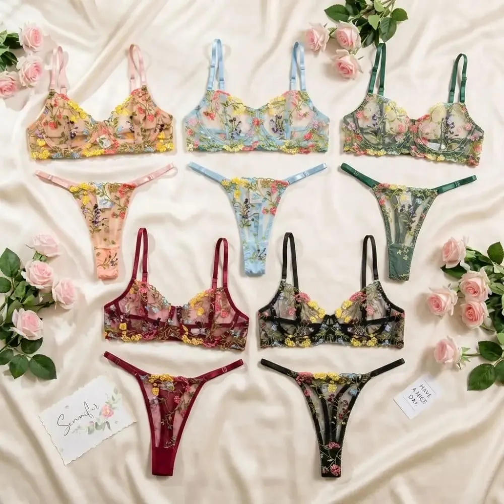 2-Piece Floral Lingerie Set Sheer Versatile Underwear Intimates Embroidery Underwire Push-up Bra Panty Set For Lady Girl — image 3