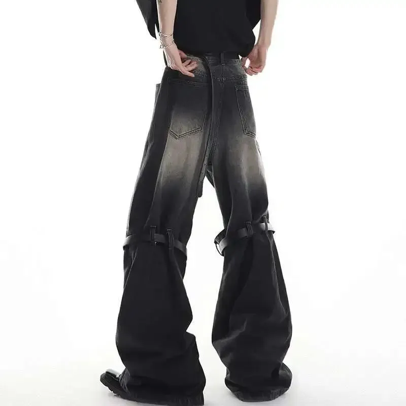 Vintage Men Spliced Micro Flared Jeans American Style High Street Wide Leg Straight Denim Pants Summer New Clothing 9A8932 — image 6