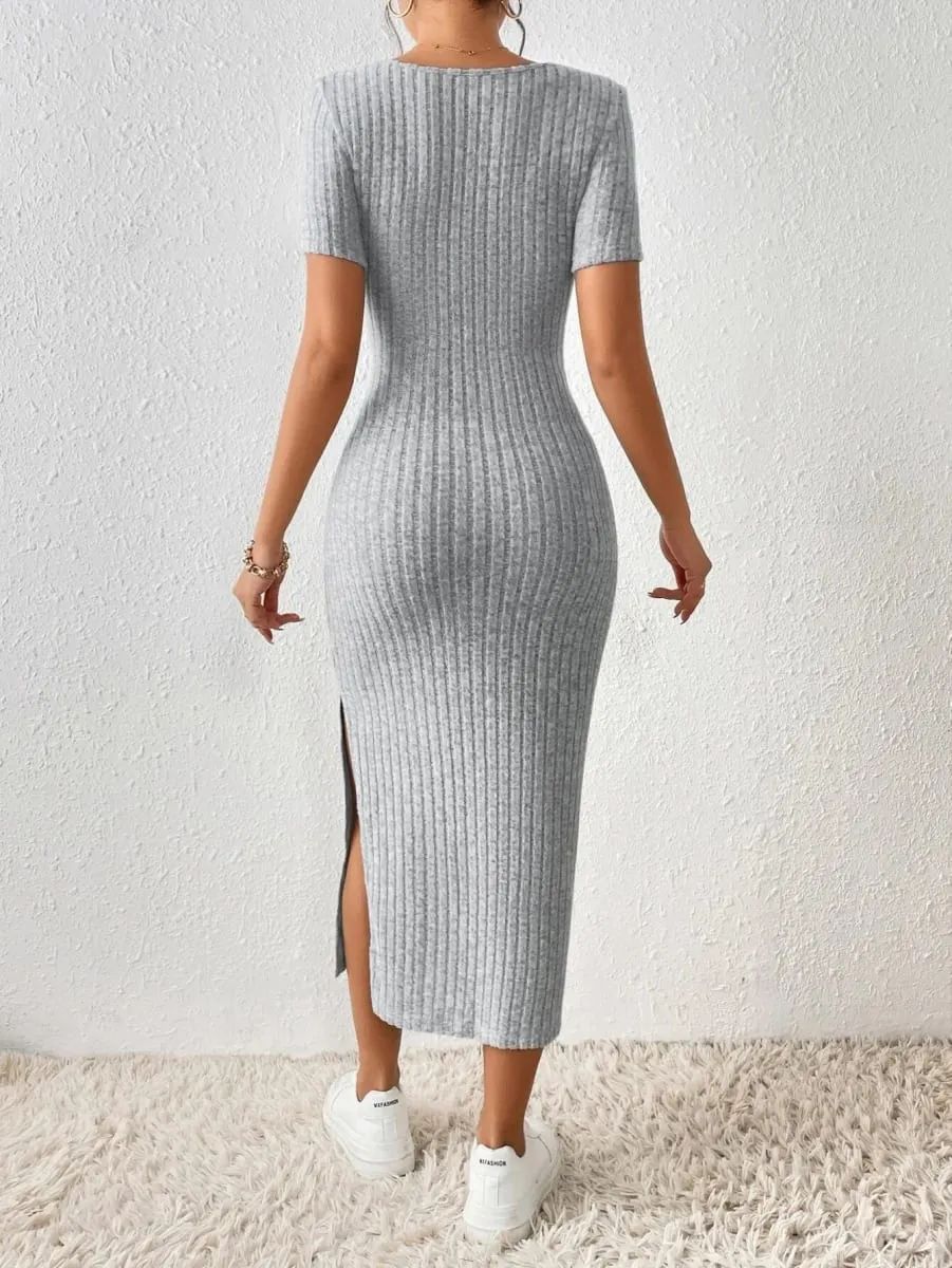 Women Spring Summer Style Knitted Dress Lady Casual Short Sleeve Square Collar Side Slit Dress Vestidos — image 2