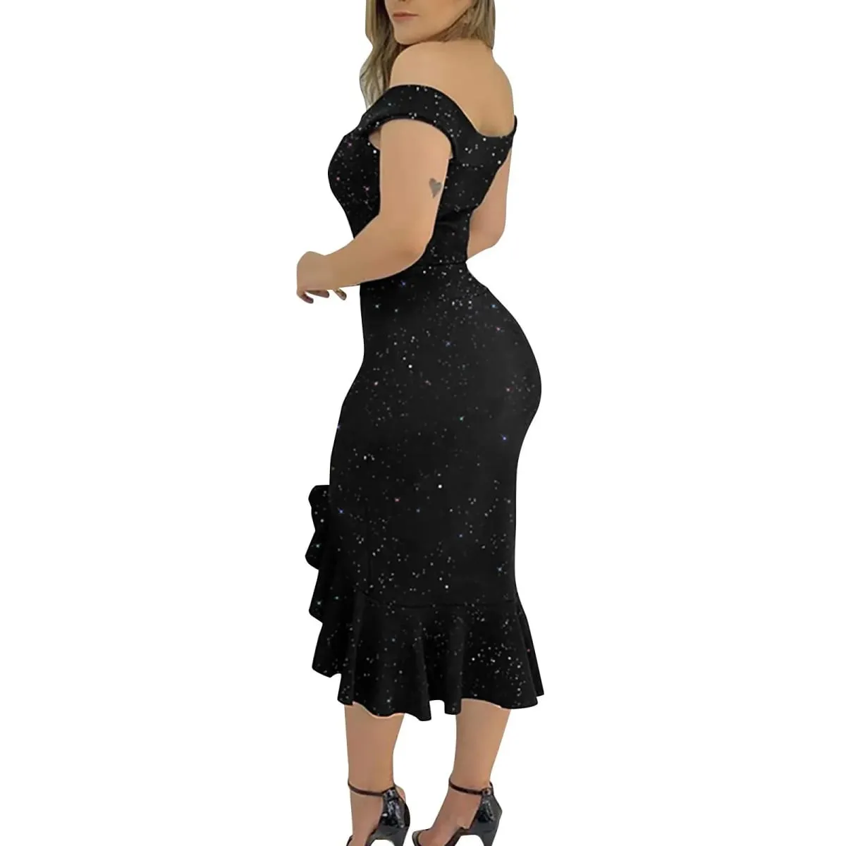Women's Party Dress Sexy Off Shoulder Split Ruffle Solid Bodycon Knee-length Dress Fashion Glitter Party Elegant Dresses Vestido
