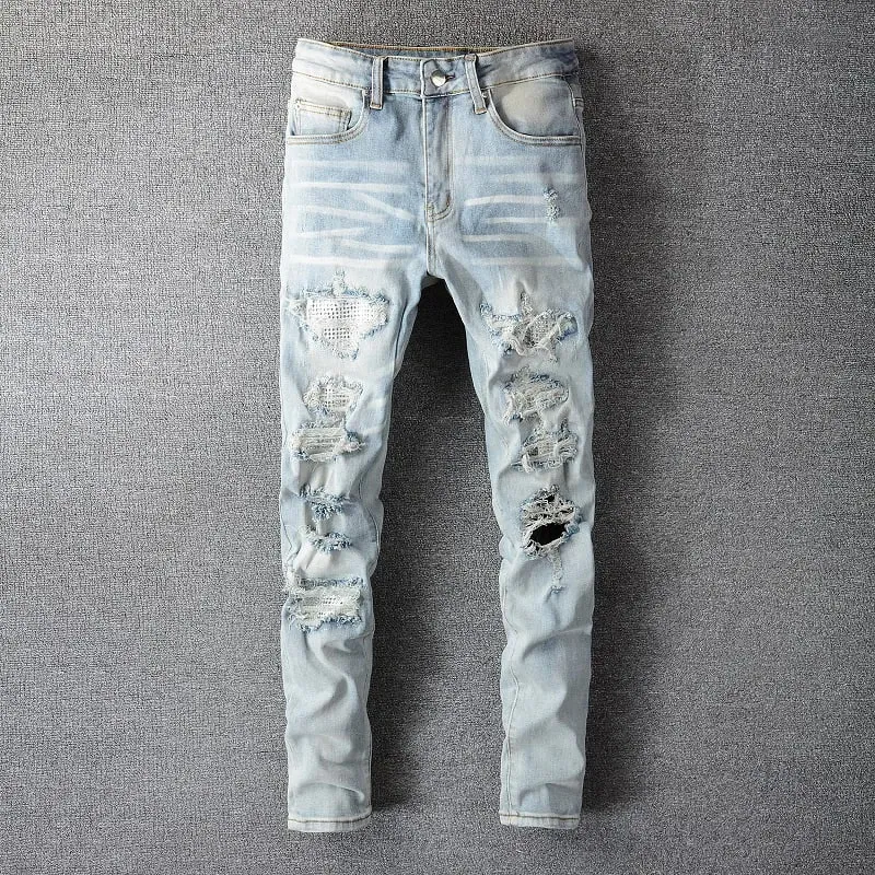 Men Crystal Holes Ripped Patchwork Jeans Streetwear Light Blue Denim Slim Skinny Pencil Pants Trousers — image 9
