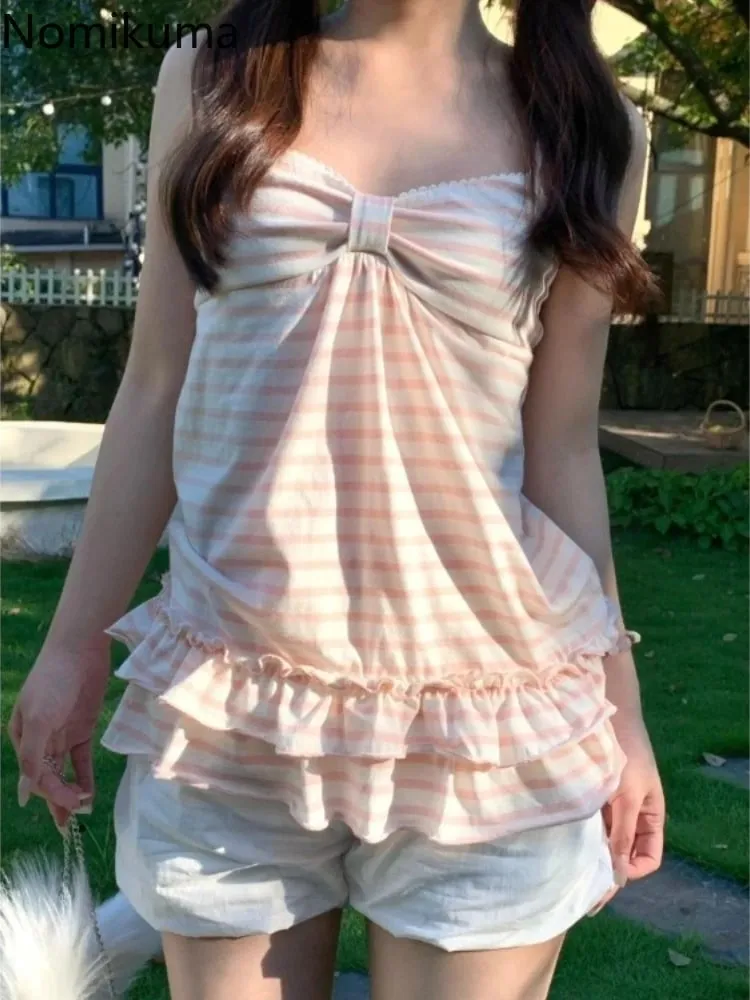 Japanese Sweet Vest Women Clothing Vintage Striped Sleeveless Tees Fashion Summer Camis Ruffles Slim Fit Vintage Tank Ropa Mujer — image 4