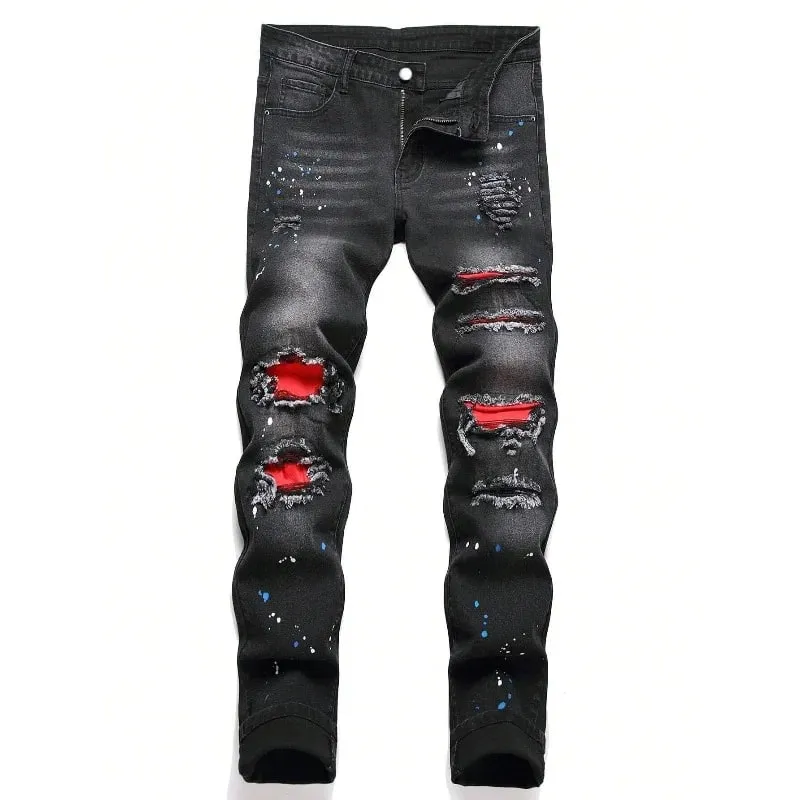 2025 Autumn New Stretch Jeans Fashionable Ripped Patchwork Slim European American Pants Male Paint Dot Hip Hop Denim Trousers — image 2
