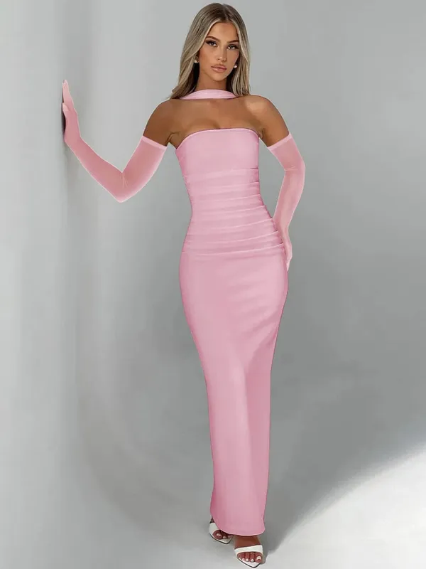 Hugcitar Eleganter Schal, trägerlos, solide Netzhandschuhe, sexy, figurbetont, Maxi-Abschlussballkleid, Damenmode, Y2K-Outfits, Hochzeit, Party, Geburtstag