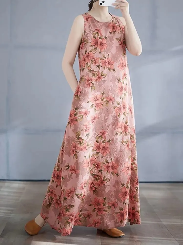 sleeveless oversized cotton vintage floral new in dresses for women casual loose long summer dress elegant clothing 2025