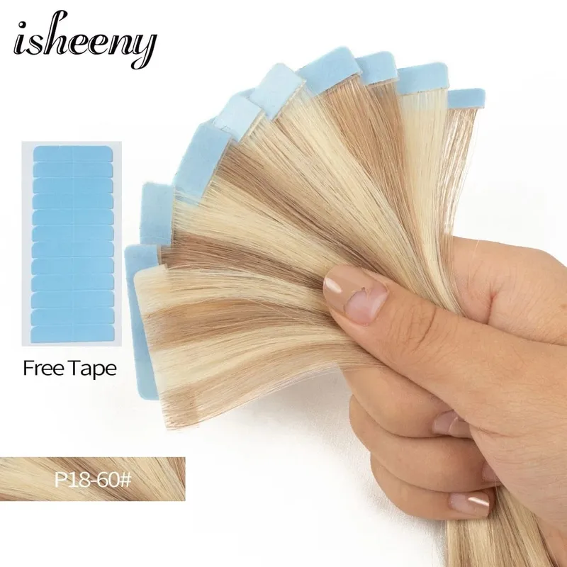 Isheeny 12" 16" 20" PU Skin Weft Tape Hair Extensions 10pcs Invisible Tape In Hair Extensions Straight Machine Remy Human Hair