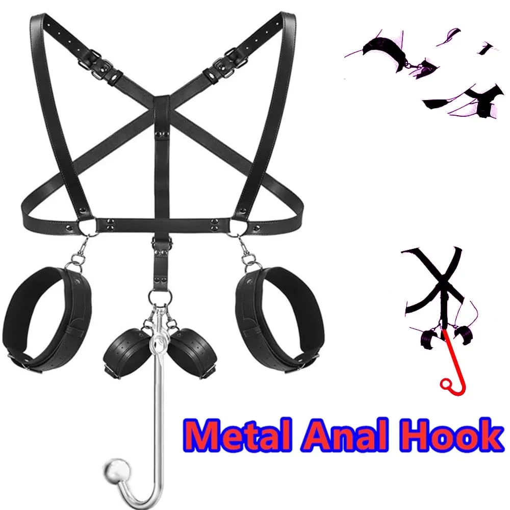 Erotic Toys Kits Adjustable Bondage Reverse Handcuffs Metal Anal Hook Binding Belt Sets Sex Toy For Couples BDSM Adult Toys — image 1
