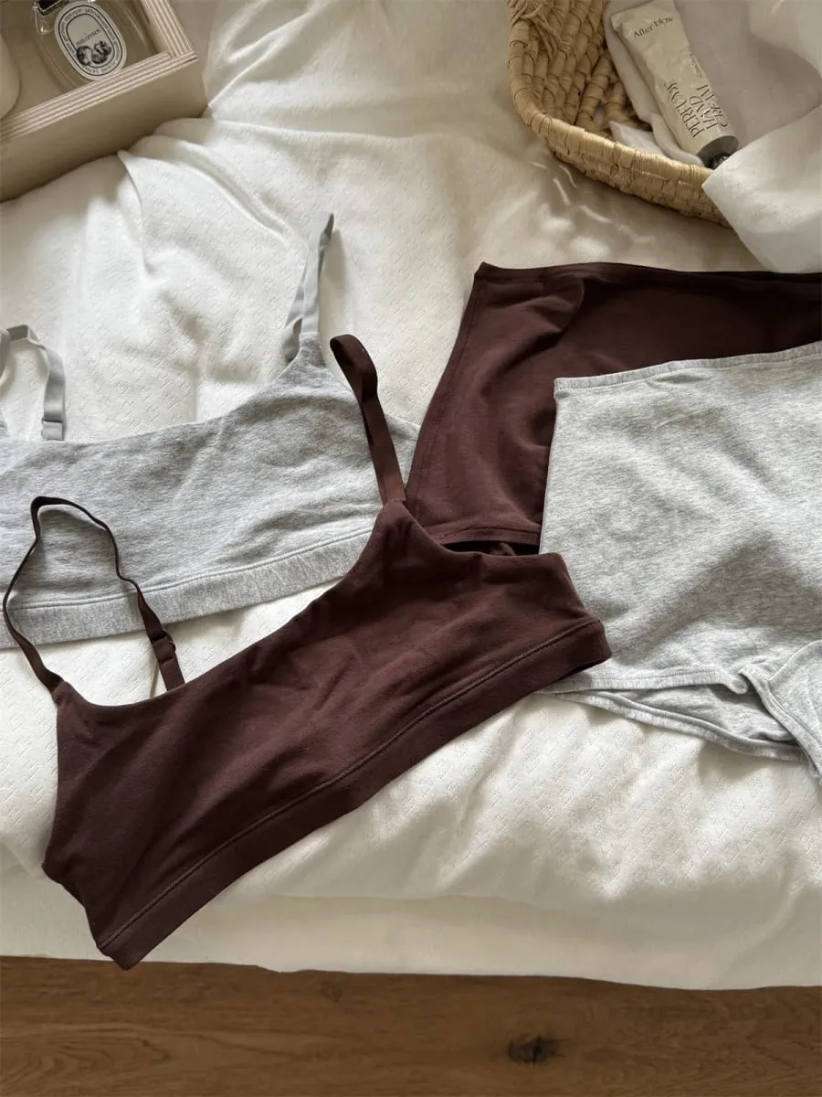 Vintage Cotton Thể Thao Bộ Áo Ngực Người Phụ Nữ Điều Chỉnh-Dây Đeo Áo Ngực Đúc + Eo Thấp Quần Sịp Boxer Chắc Chắn Đơn Giản Độ Đàn Hồi Cao bộ Đồ Lót Ren — image 4