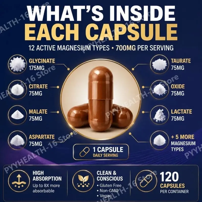 Magnesium Glycinate 12-in-1 Kompleks Tidur & Suasana Hati Mendukung Kesehatan Otot & Tulang Sitrat Malat Taurat 120 Kapsul Non-GMO