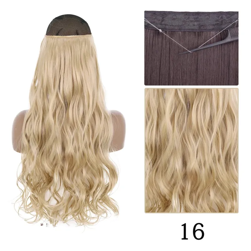 Synthetic No Clip Adjustable Fish Line Hair Extensions Natural Blonde Brown Long Wavy Heat Resiatant Hairpiece For Women