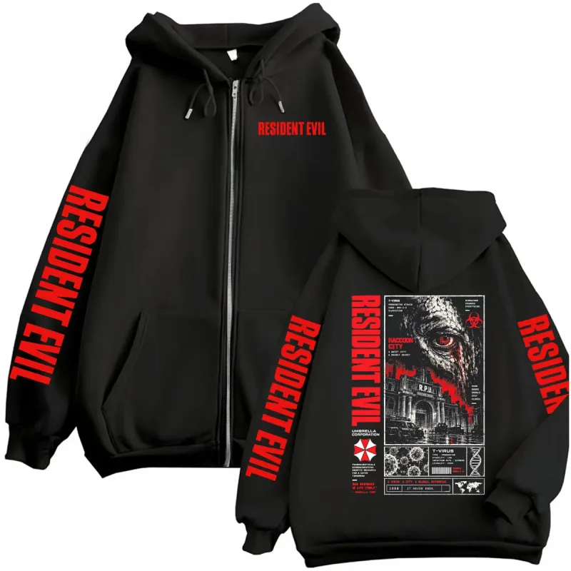 Vintaj Resident Evil T-Virus Permainan Seram Zip Up Hoodies Lelaki Wanita Harajuku Gothic Fesyen Jaket Sweatshirts Kot Streetwear — image 1