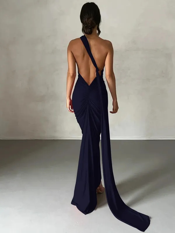 Hugcitar One Shoulder Backless Adjustable Scarf Loop Ruched Sexy Maxi Dress Women Elegant Y2K Streetwear Festival Outfit — image 15