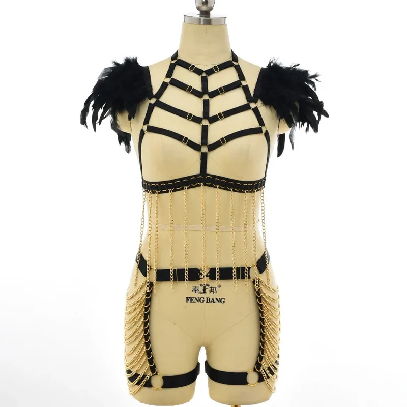 Gothic Elastik Body Harness Cage Bra Hollow Laraskan Set Pakaian Dalam Seksi Punk Halloween Feather Performance Pakaian Bondage Harness — image 10