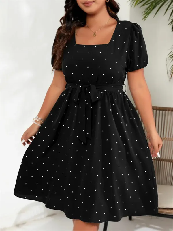 Plus Size Square Neck Polka Dot Bæltekjole Dame Elegant Retro Pufærmer Højtalje Sommer A-line Big Swing Kjoler — image 6