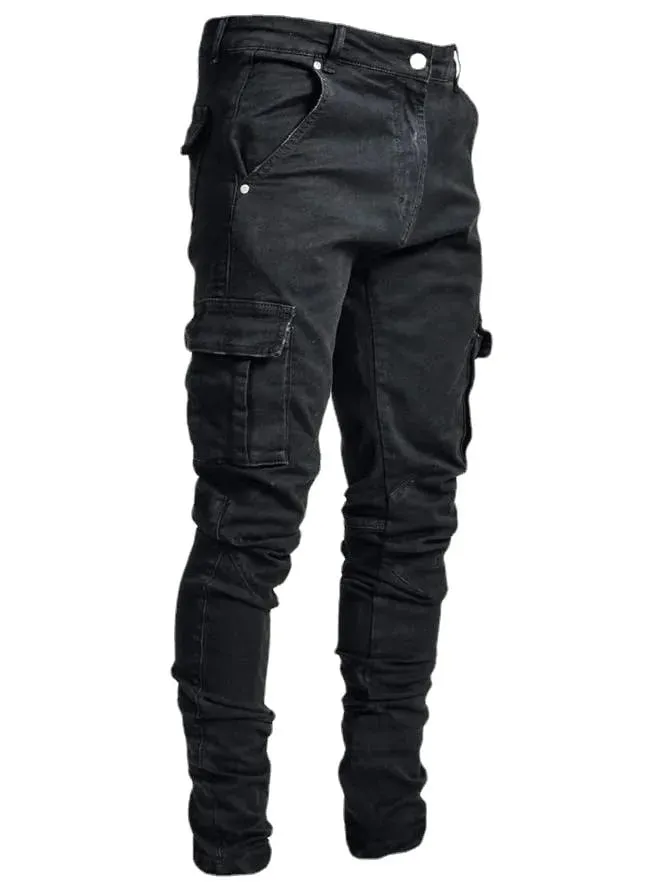 2026Jeans Men Pants Wash Solid Color Multi Pockets Denim Mid Waist Cargo Jeans Plus Size Fahsion Casual Trousers Male Daily Wear — image 8