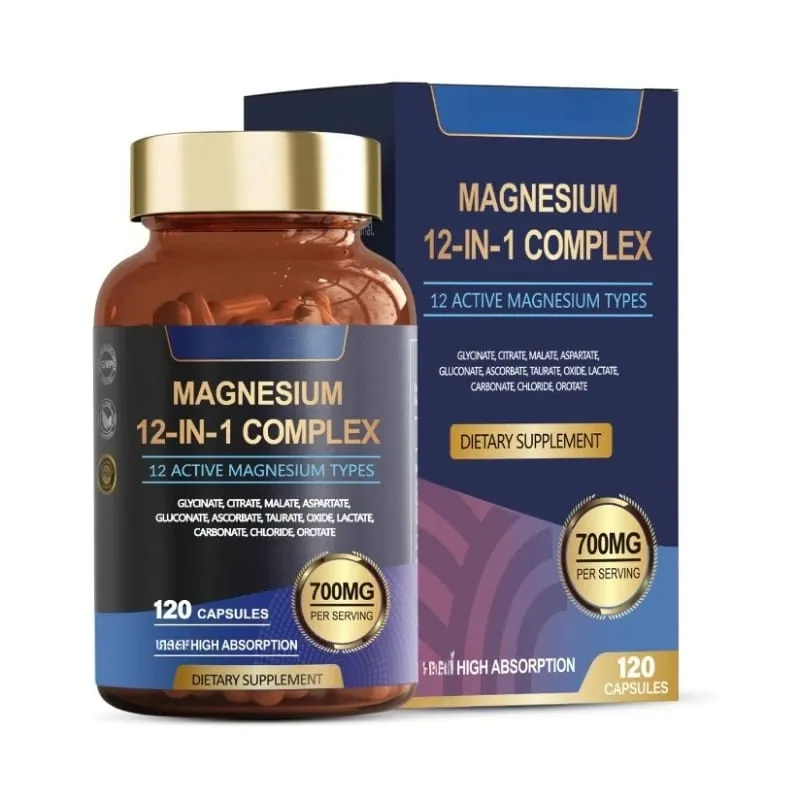 Kapsul Kompleks Magnesium 12-Dalam-1 12 Jenis Magnesium Aktif Penyerapan Tinggi Glisinat Sitrat Bentuk 120 Kapsul
