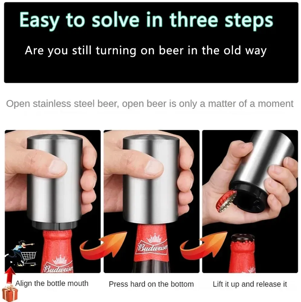 Automatic Beer Bottle Opener Stainless Steel Push Down Opener for Magnet Beer Soda Cap Bar Party Kitchen Accessories