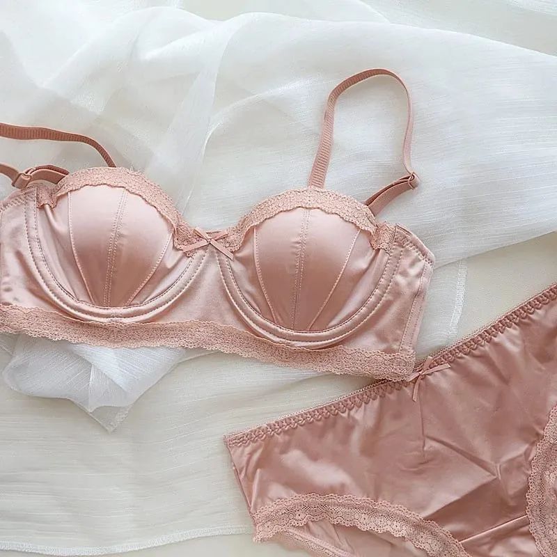 French girly underwire push-up bra Sweet lace edge half cup lingerie women's thin cup with anti-sagging bra set — image 2