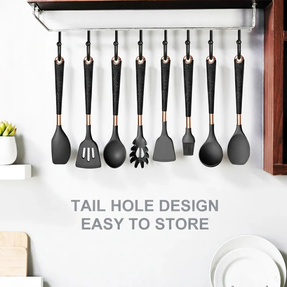 Silicone Cooking Utensils Set Non-Scratch Non-Stick Heat Resistant Spatula Spoon Rose Gold Handle With Bucket Kitchen Gift — image 4