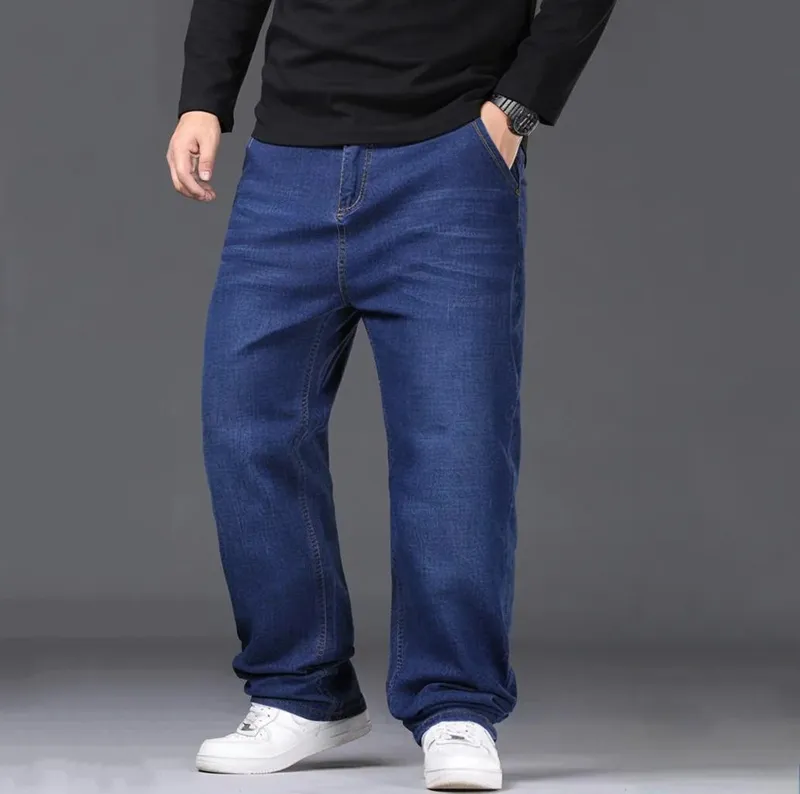 Jeans Melar Pria Ukuran 29-50 Celana Denim Kaki Lurus Celana Jalanan Biru Hitam Ukuran Besar Santai Cocok untuk Bekerja Kasual Baru