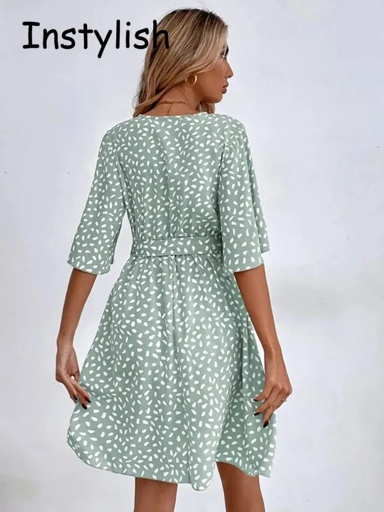 Casual Dot Print Mini Dress with Belt Elegant Chic Half Sleeve V Neck A Line Sundress Vintage Harajuku Short Dress Beach Party — image 4