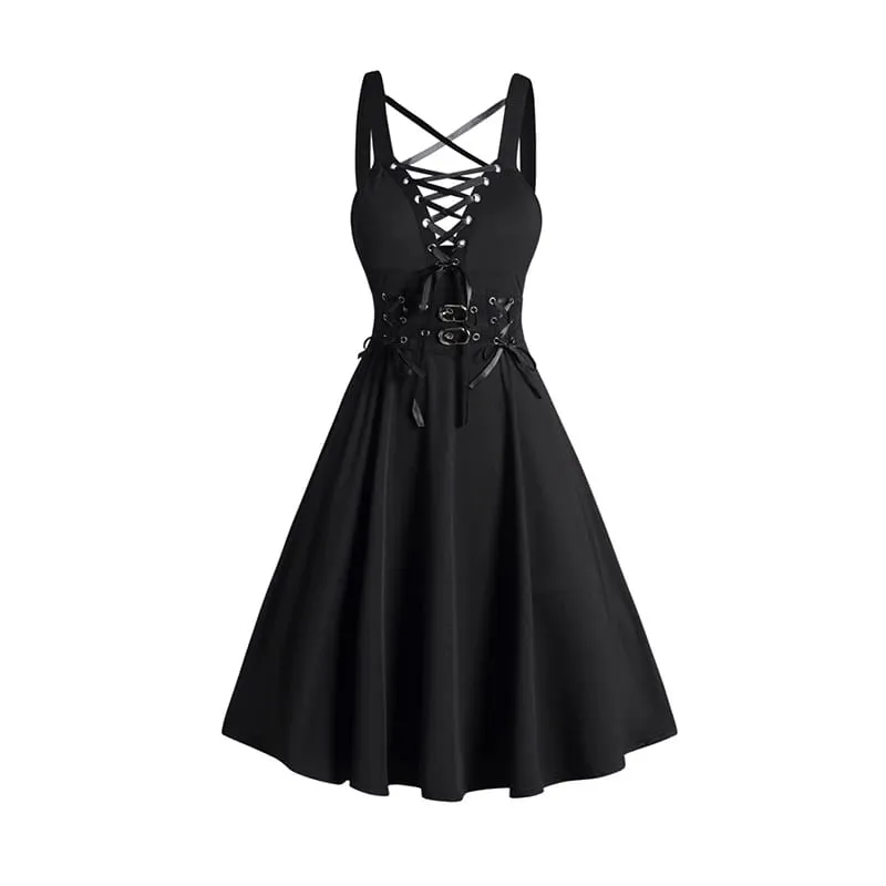2025 Womens Gothic Dresses Sets Solid Color Open Front Crop Jacket and Lace Up Buckle Strap Crisscross Dress Outfit — image 10
