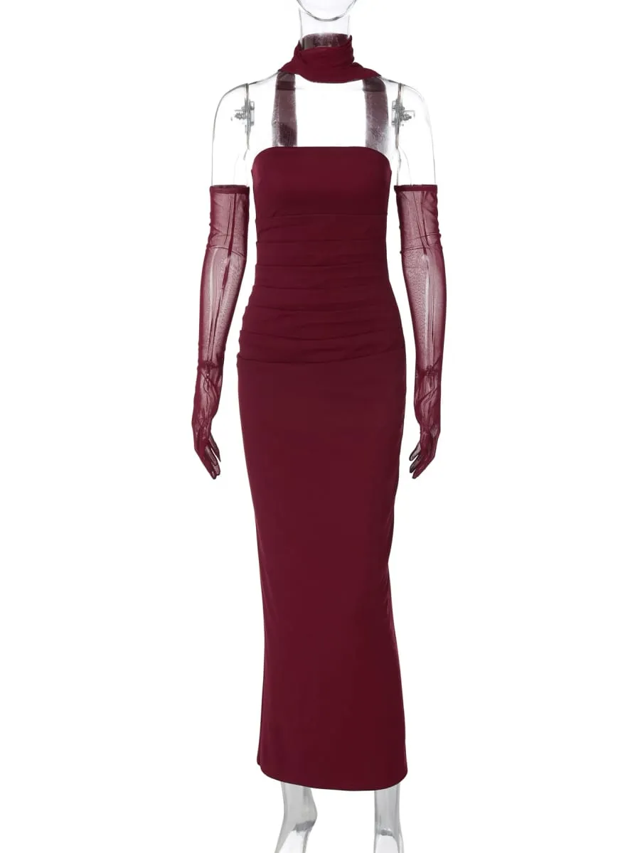 Hugcitar Eleganter Schal, trägerlos, solide Netzhandschuhe, sexy, figurbetont, Maxi-Abschlussballkleid, Damenmode, Y2K-Outfits, Hochzeit, Party, Geburtstag