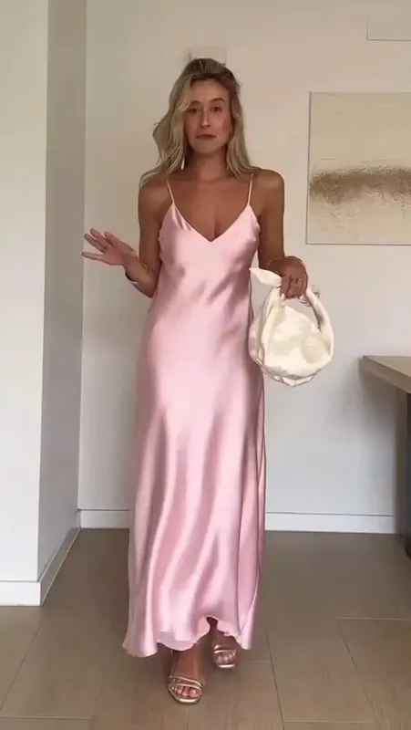 Kobiety Off Shoulder różowe satynowe sukienki Maxi moda bez rękawów Backless Bodycon suknie z wycięciami kobiece wieczorowe szaty imprezowe 2025