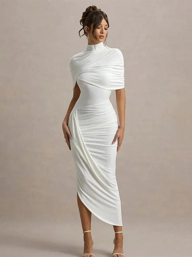 Irregular Pleated Ruched Maxi Dress Women's Backless Turtleneck Slim High Waist Robes Summer Lady Chic Street Vestidos 2025 New — image 4