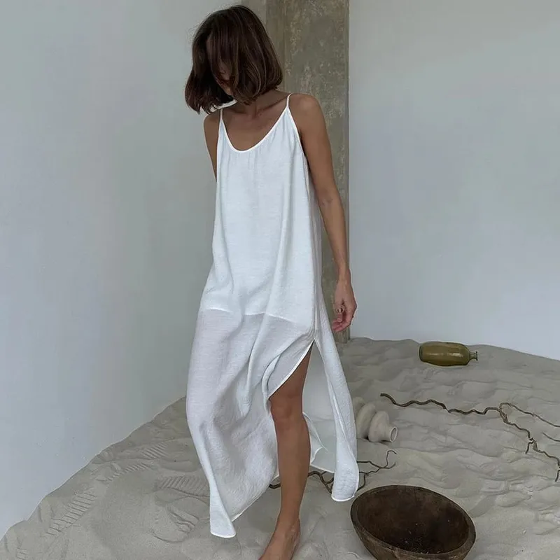 Linad Summer Casual White Long Dress Sexy Loose Backless Split Dresses Woman Street Chic V Neck Straight Dress For Women 2025